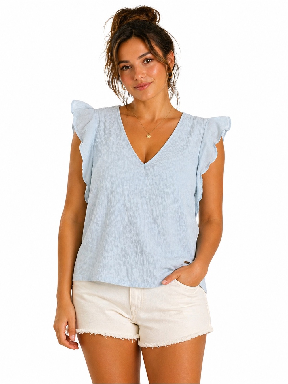 Calvin Klein Light Blue Flutter Sleeve V-Neck Blouse Size small Office Casual